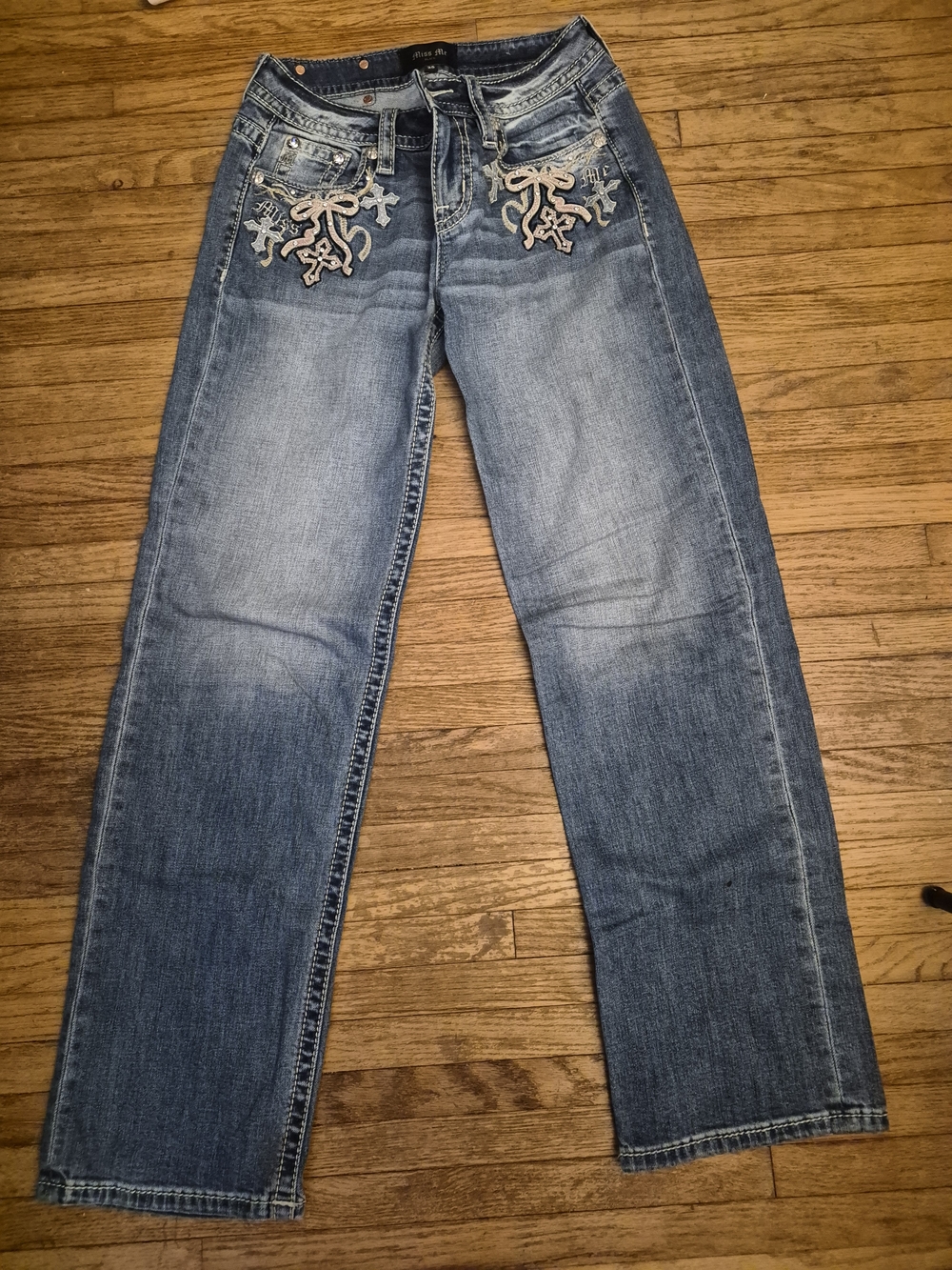 Miss Me Blue Embroidered Wide-Leg Jeans